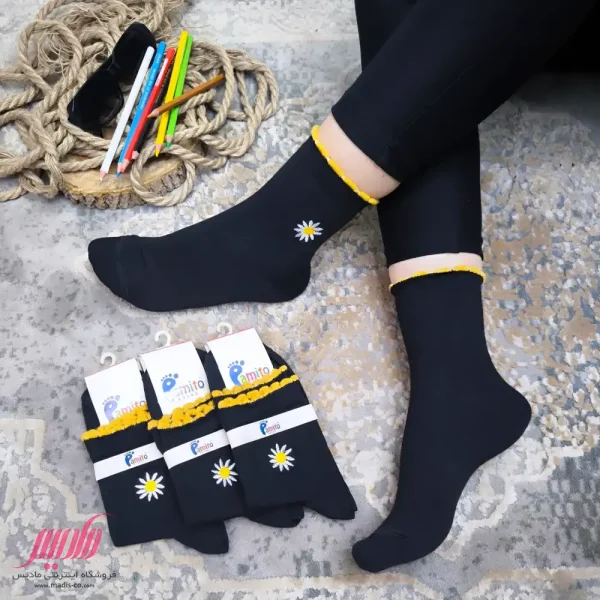 جوراب زنانه نخی ساق کوتاه طرح بابونه