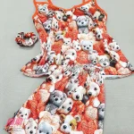 ست تاپ شورتک زنانه ساتن با کش مو طرح تدی