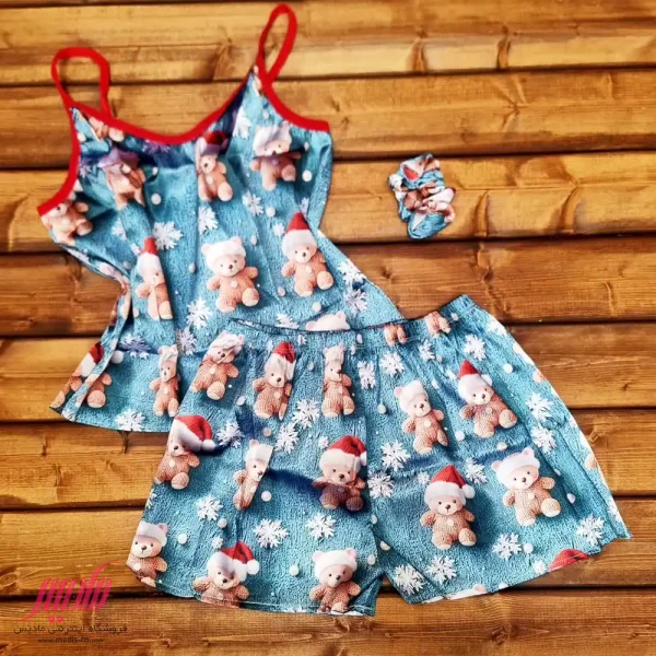 ست تاپ شورتک زنانه ساتن با کش مو طرح تدی