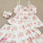 ست تاپ شورتک زنانه ساتن طرح تدی آلبالو