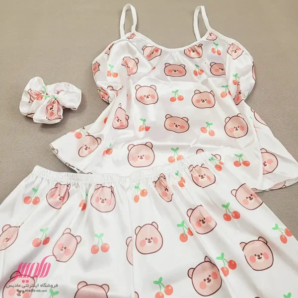 ست تاپ شورتک زنانه ساتن طرح تدی آلبالو