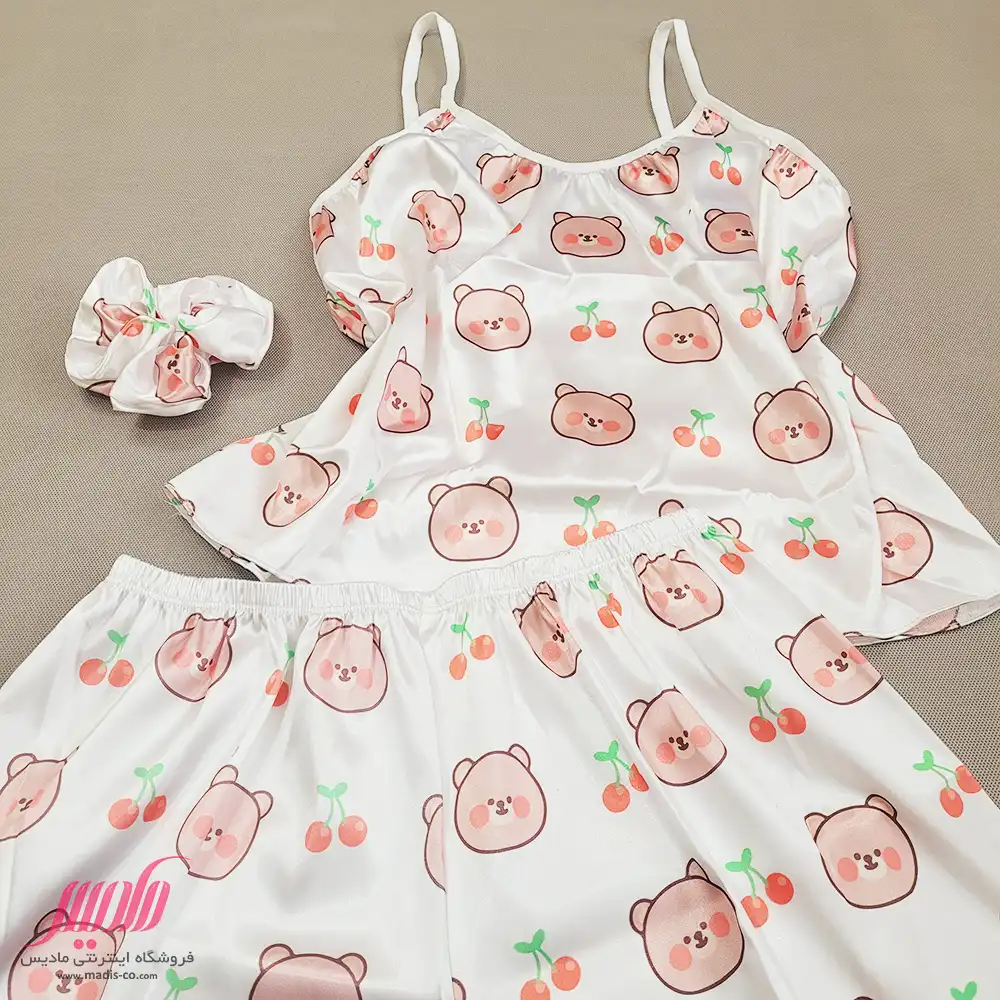 ست تاپ شورتک زنانه ساتن طرح تدی آلبالو