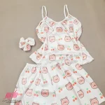 ست تاپ شورتک زنانه ساتن طرح تدی آلبالو