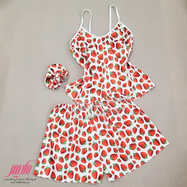 ست تاپ شورتک زنانه ساتن طرح توت فرنگی